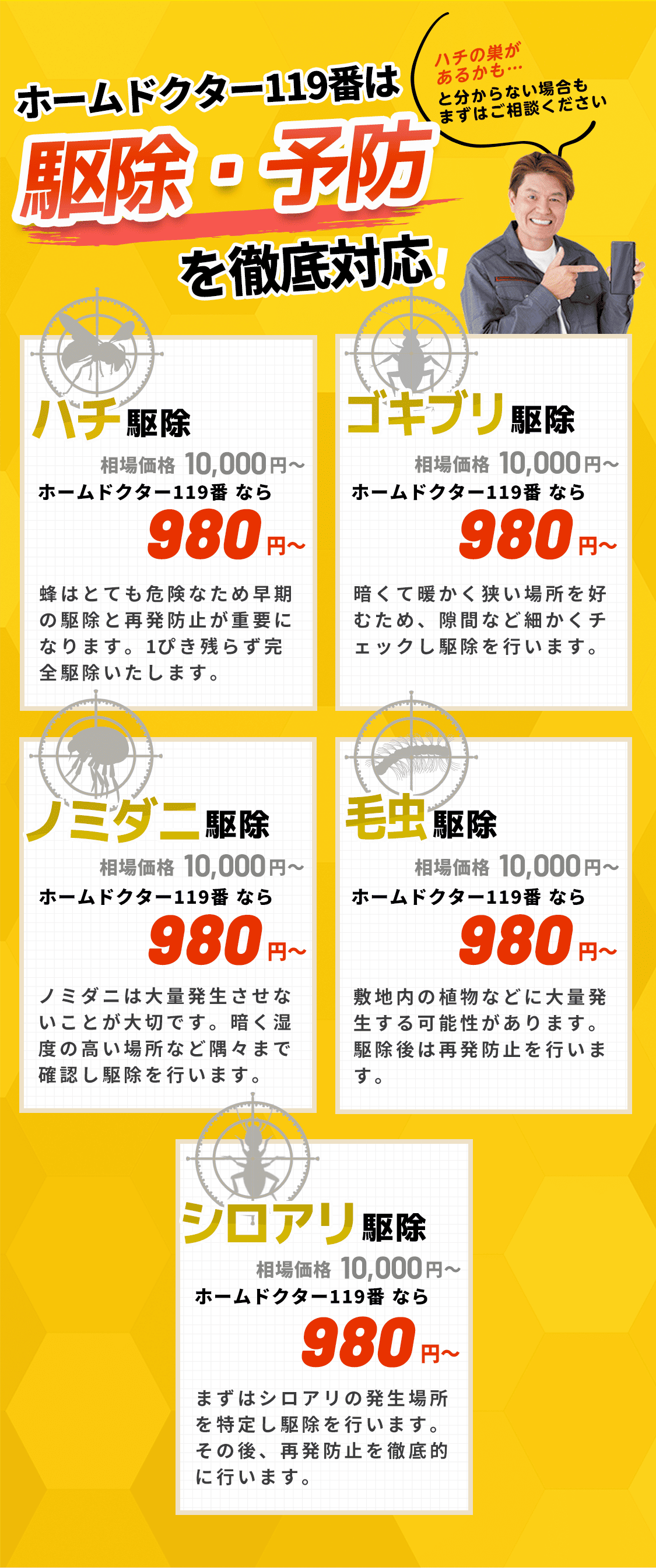 ホームドクター119番は駆除・予防を徹底対応！｜ハチ駆除｜暗くて暖かい場所を好むため、隙間など細かくチェックし駆除を行います。｜シロアリ駆除｜まずはシロアリの発生場所を特定し駆除を行います。その後、再発防止を徹底的に行います。｜ノミダニ駆除｜ノミダニは大量発生させないことが大切です。暗く湿度の高い場所など隅々まで確認し駆除を行います。｜毛虫駆除｜敷地内の植物などに大量発生する可能性があります。駆除後は再発防止を行います。｜ハチ駆除｜ハチはとても危険なため早期の駆除と再発防止が重要になります。1ぴき残らず完全駆除いたします。