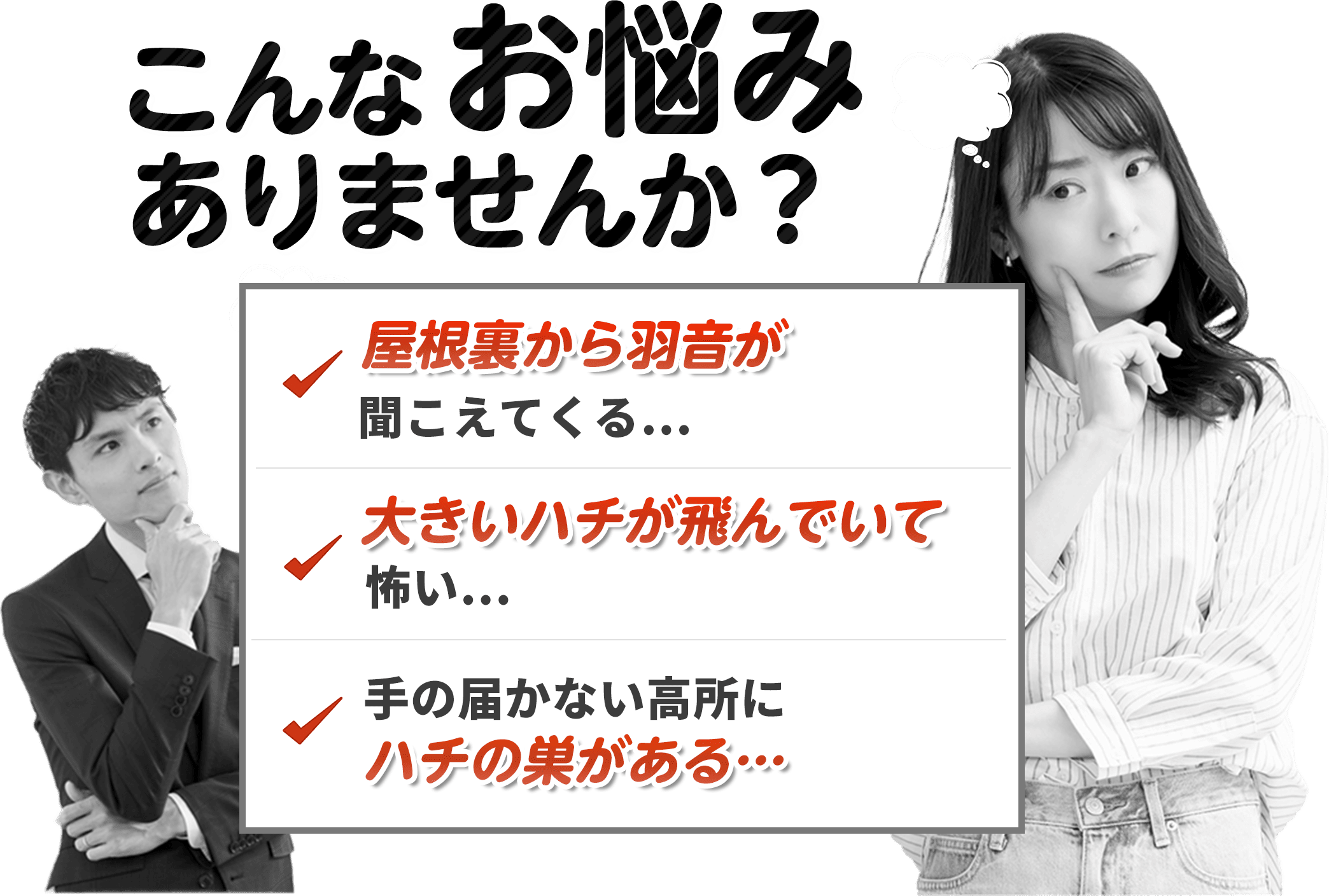 こんなお悩みありませんか？家で1匹見つけてしまい不安｜何度も何度も再発して困っている｜引っ越し先での駆除・対策をお願いしたい。